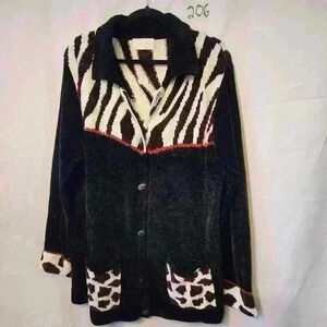 Cache womens button up sweater size L black and white animal print